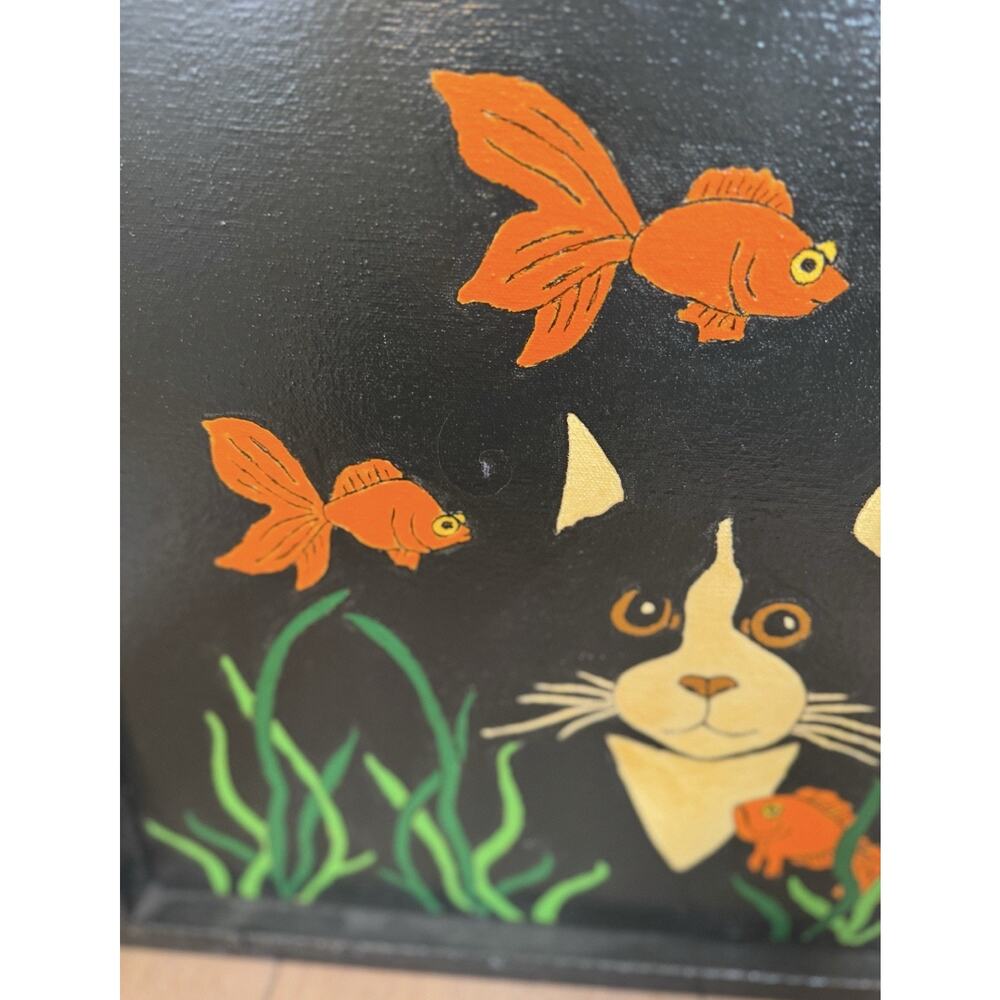 Folk Art Painted Canvas Black Cat Fishbowl Goldfish Scene Kitschy Whimsical - Picture 6 of 10